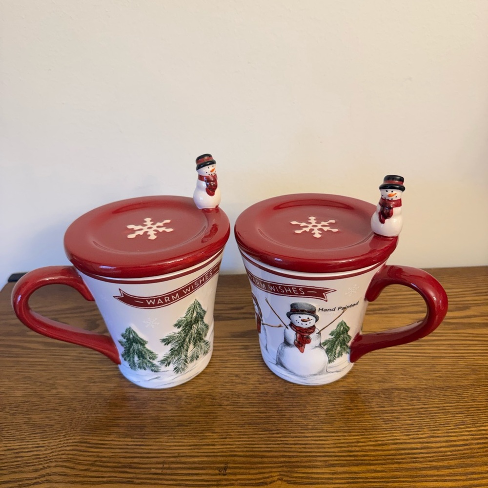 Set of 2 St. Nicholas Square Yuletide Snowman Mugs with Figurine Lids/Coasters